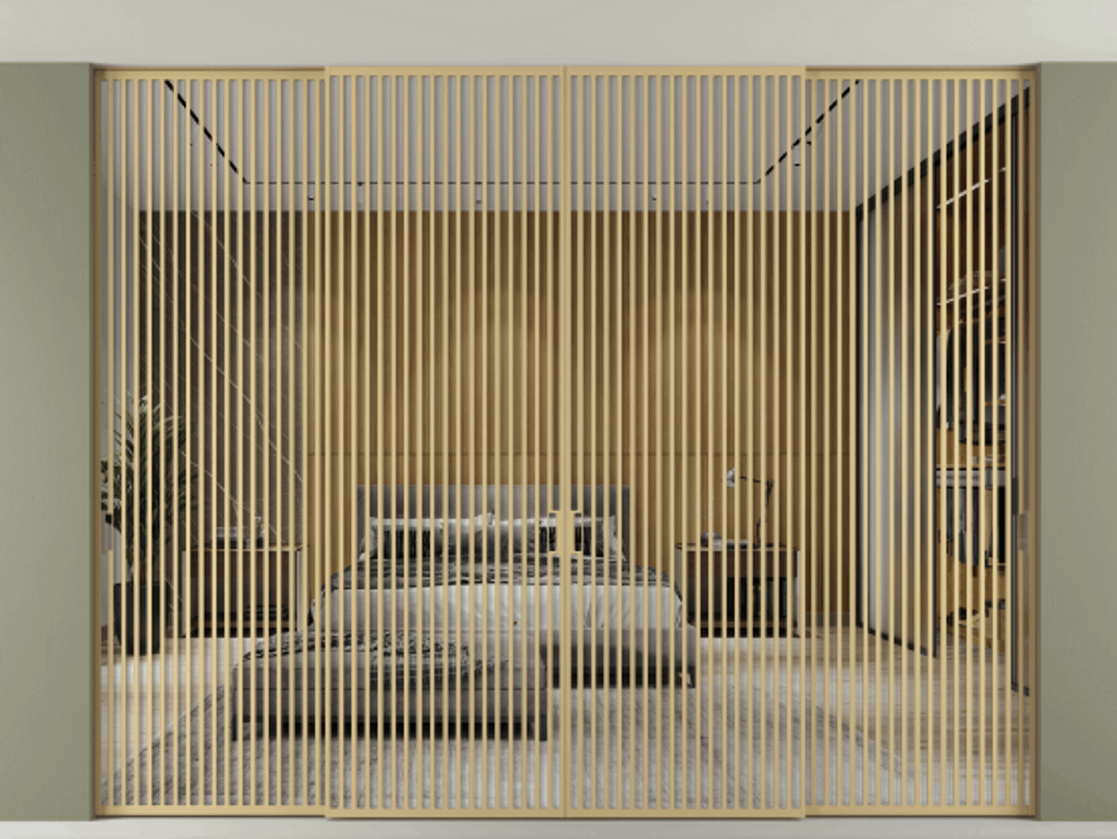 Перегородка Формато внутри проёма скрытое крепление в потолок 4 створки АЛПР 040.06 Золотой Двустороннее зеркало, триплекс , триплекс 6 мм Цена 1024280 ₽ | Volhovec