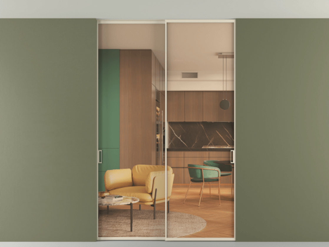 Перегородка Формато внутри проёма скрытое крепление в потолок 2 створки АЛПР 040.01 Алюминий бежево-серый Прозрачное оранжевое стекло, триплекс Цена 246972 ₽ | Volhovec