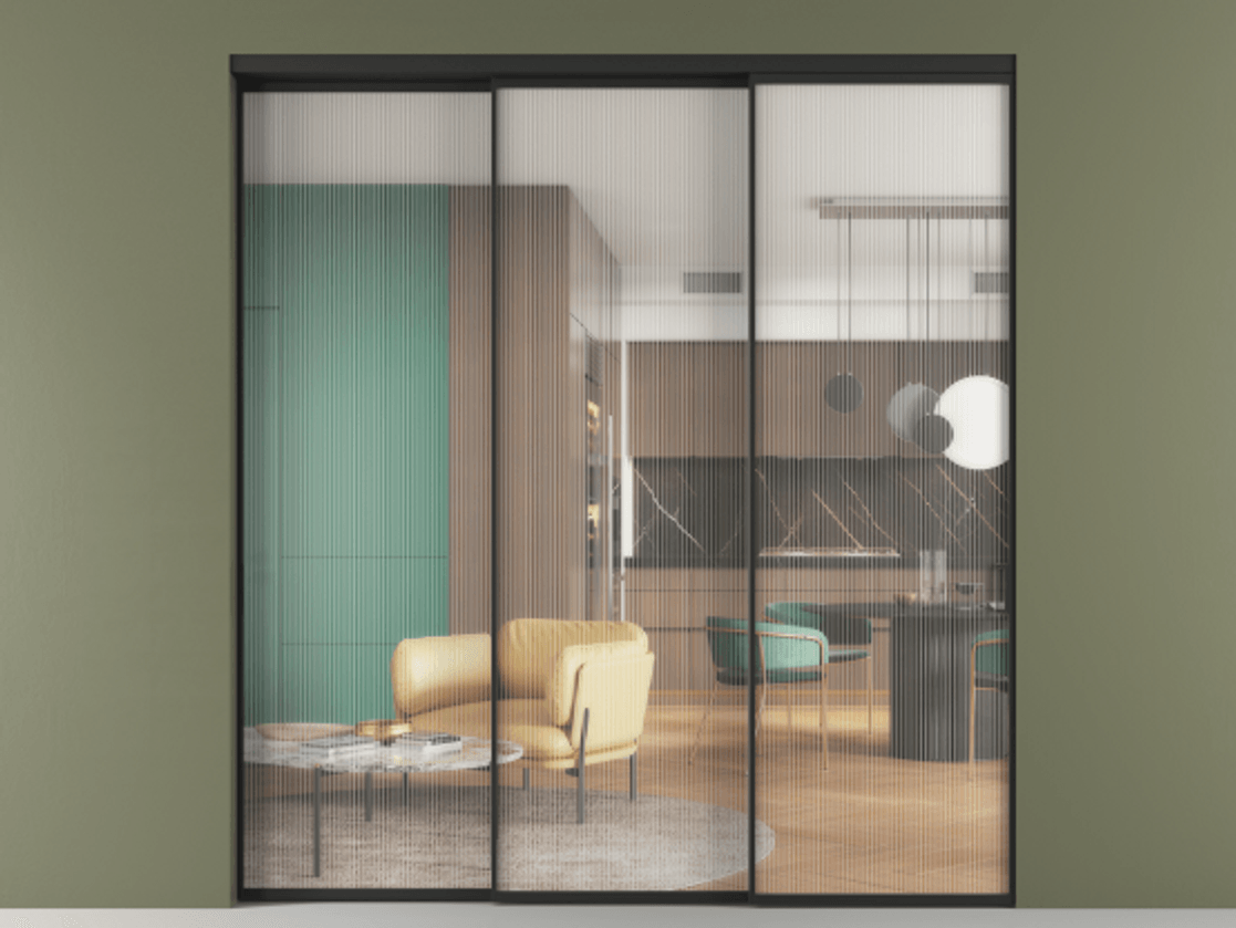 Перегородка Формато внутри проёма 3 створки с синхронным механизмом АЛПР 040.01 Алюминий Черный Рифлёное стекло "Мору", триплекс. Скрытый короб ЧЕР Цена 335320 ₽ 1. Полотно 3 шт. (800/2100 мм)
2. Комплект установки раздвижной системы
3. Базовый комплект фурнитуры
4. Комплект фурнитуры телескопик синхро-2
5.Ручка Рондо. Фабрика дверей Волховец 8 (800) 551 43 19 Перегородка Формато внутри проёма 3 створки с синхронным механизмом АЛПР 040.01 Алюминий Черный Рифлёное стекло "Мору", триплекс Цена 335320 ₽ | Volhovec