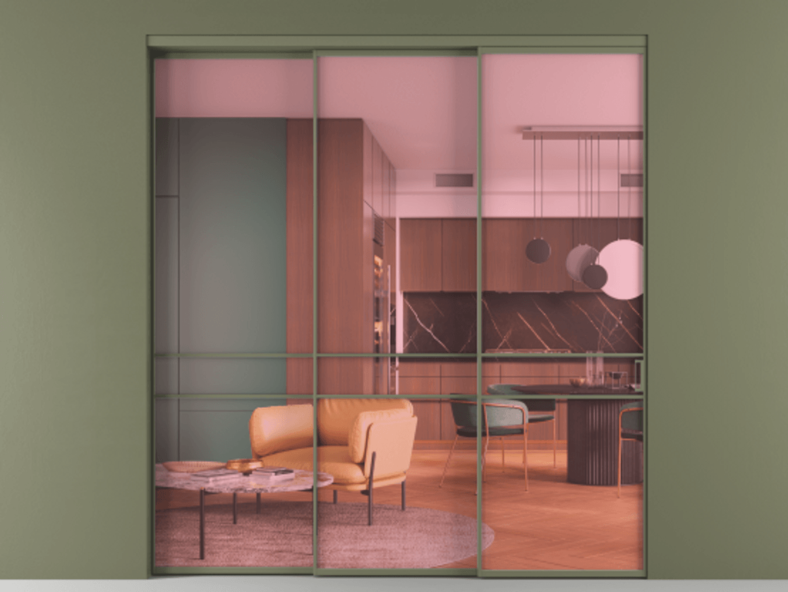 Перегородка Формато внутри проёма 3 створки с синхронным механизмом АЛПР 040.02 Алюминий оливковый тёмный Прозрачное розовое стекло, триплекс Цена 344540 ₽  | Volhovec